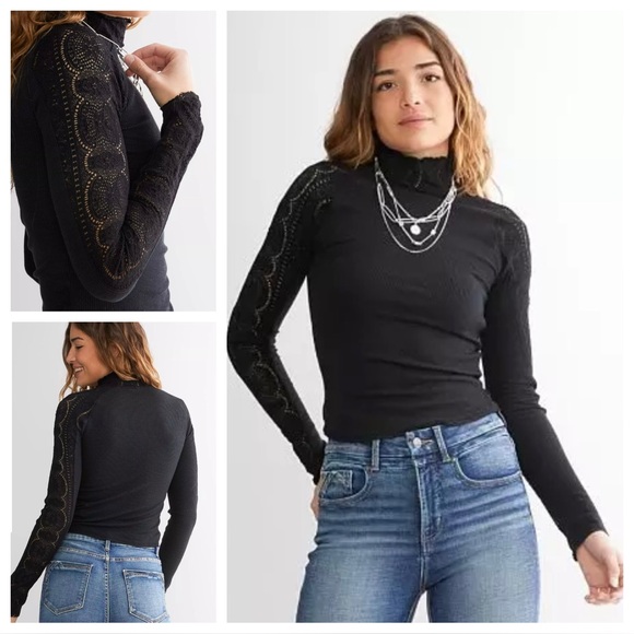 Free People Lace & Knit Mock Neck Tee XL NWT Black Long Sleeve - Picture 5 of 16
